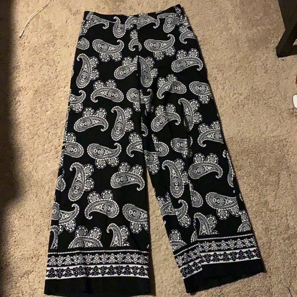Wide leg paisley black dress pants